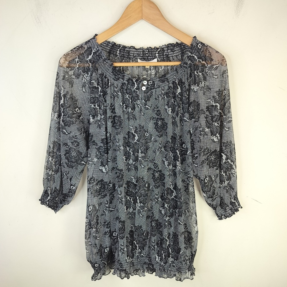 Calvin Klein Floral Mesh Blouse Womens Medium Sheer Smocked Hem Black White